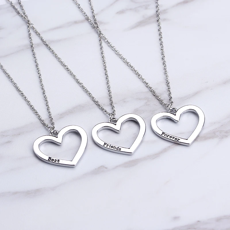 3 Pcs Hollow Out Heart Design Best Friends Forever Necklace Set BFF Chain Choker For Girls Women Bestie Friendship Memorial