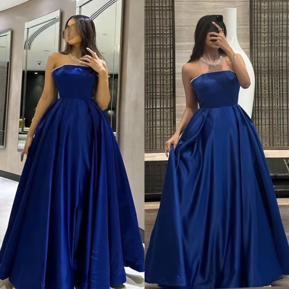 

Customized Ball Elegant High Quality Strapless Gown Celebrity Dresses Beading Draped Skirts Floor Length Satin Evening