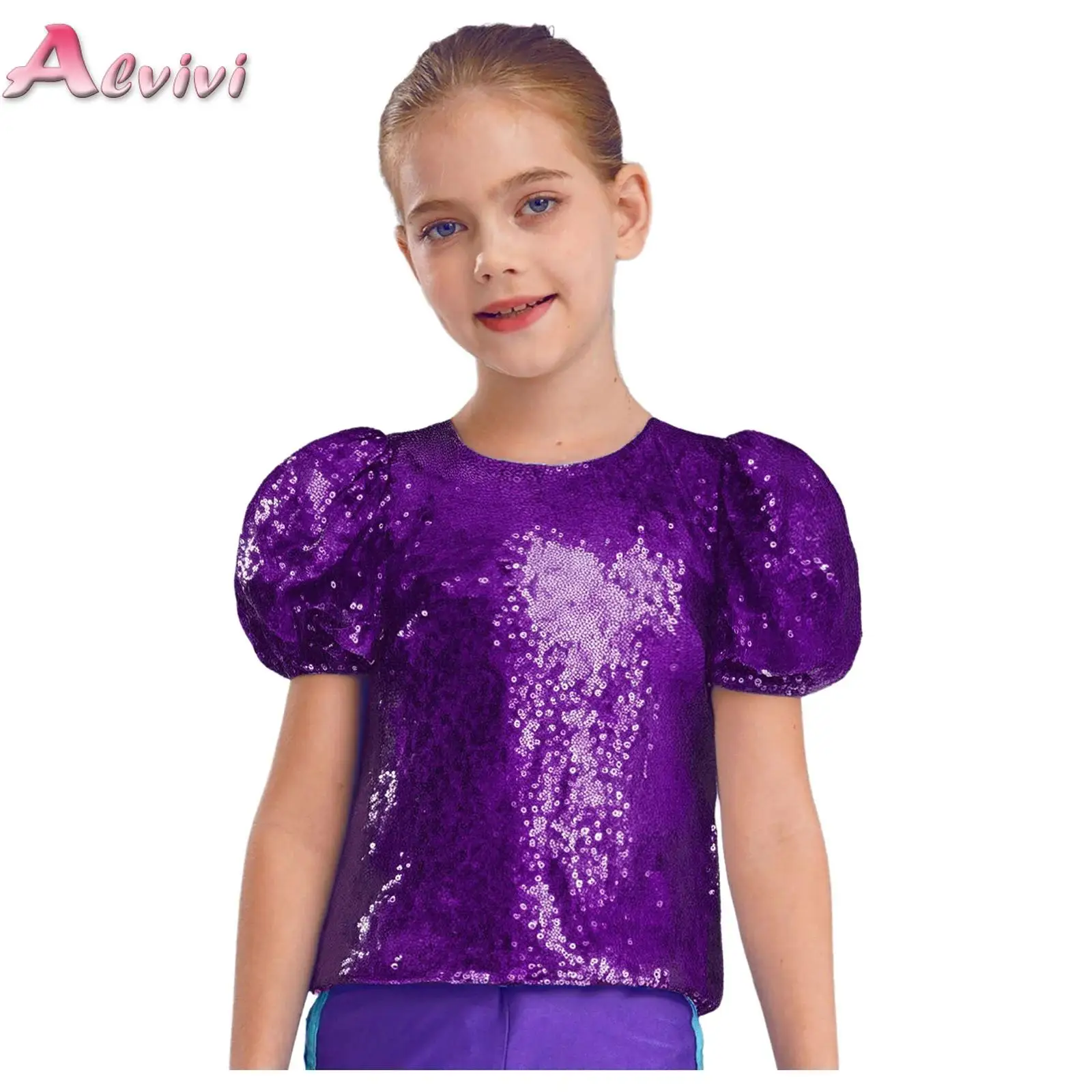 

Детские футболки с блестками и блестками для девочек, топы с короткими пышными рукавами, футболки для современного джазового танца, черлидинга, соревнований