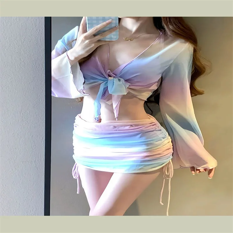 Candy Colored Cute Style Bikini Beach Vacation Hot Spring Soft Cup Long Sleeved Cover Up Shirt Hanging Neck With Skirt Swimsuit