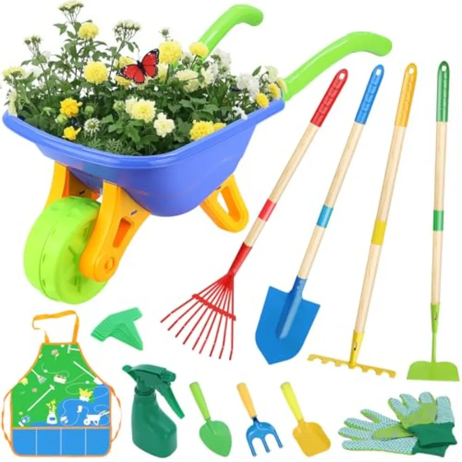 

11-Piece Gardening Set with Wheelbarrow Shovel Rake Hoe Gloves and Apron - Heavy-Duty Steel Tools and Interchangeable Handles O