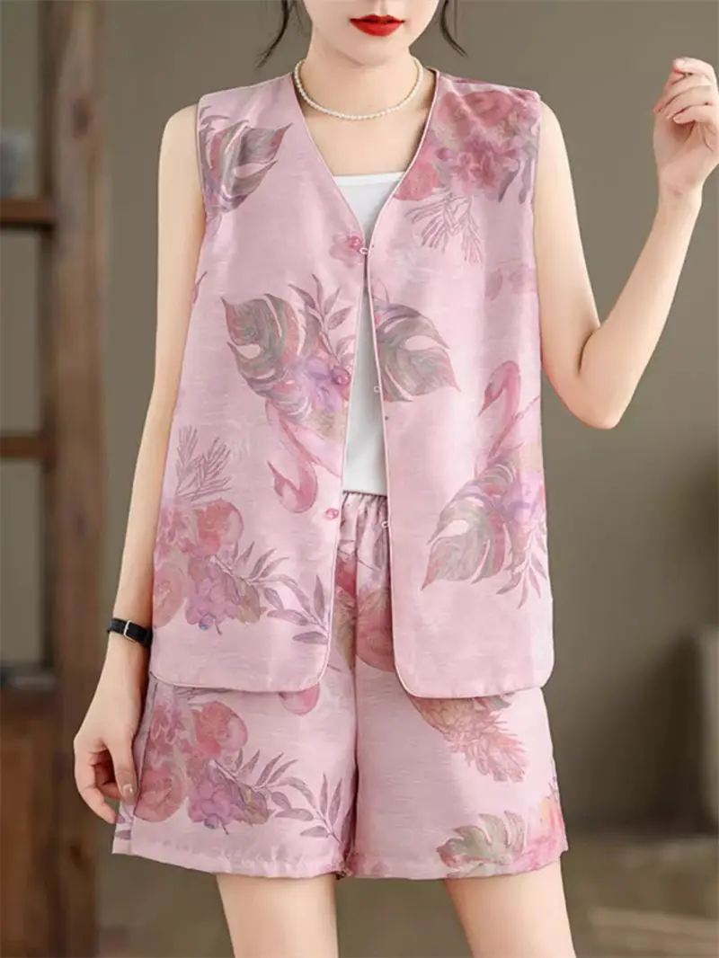 

New Chinese Style Pink Suit For Women's 2024 Summer Light Luxury High-End Cardigan Top And Shorts Two-Piece Set Outfits K1055