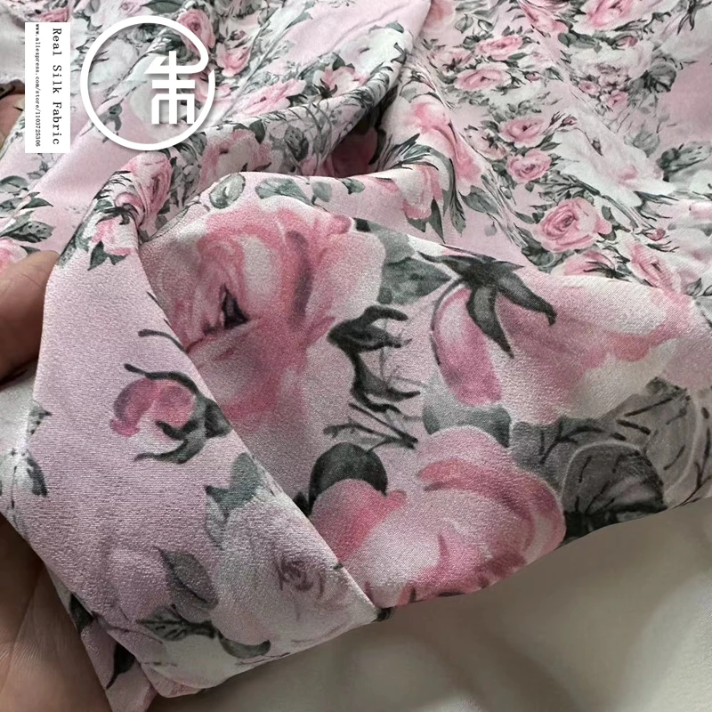 

High Quality Rose Floral Silk 100% Real Silk Designer Crepe De Chine Fabric Fabric Summer Dress Clothing Breathable