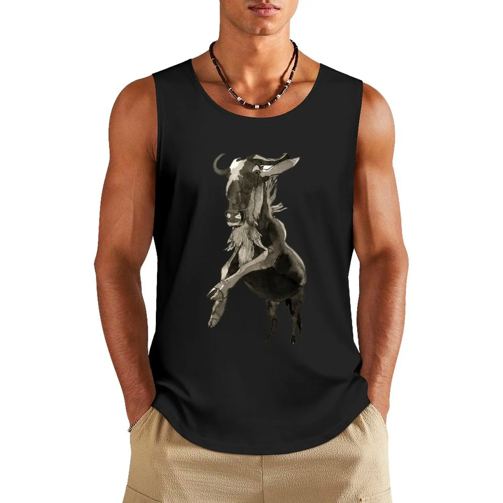 

Wildebeest African Black & White Animal Art Tank Top vest for men gym clothing men Men gym sportswear