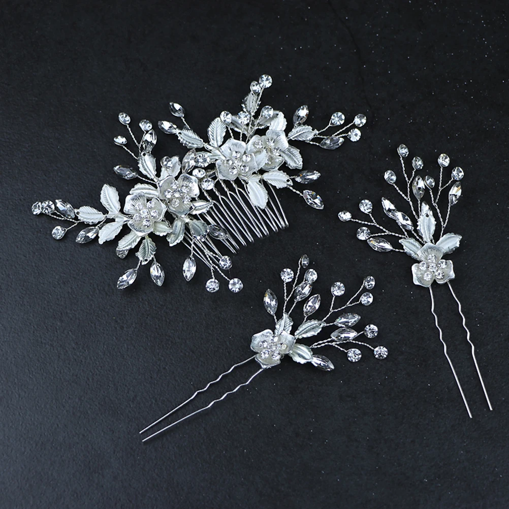 

3pcs Silver Hair Comb Hairpin Set Bridal Headdress Rhinestone Leaf Premium Material Wedding Headpiece Clips For Bride Bridesmaid