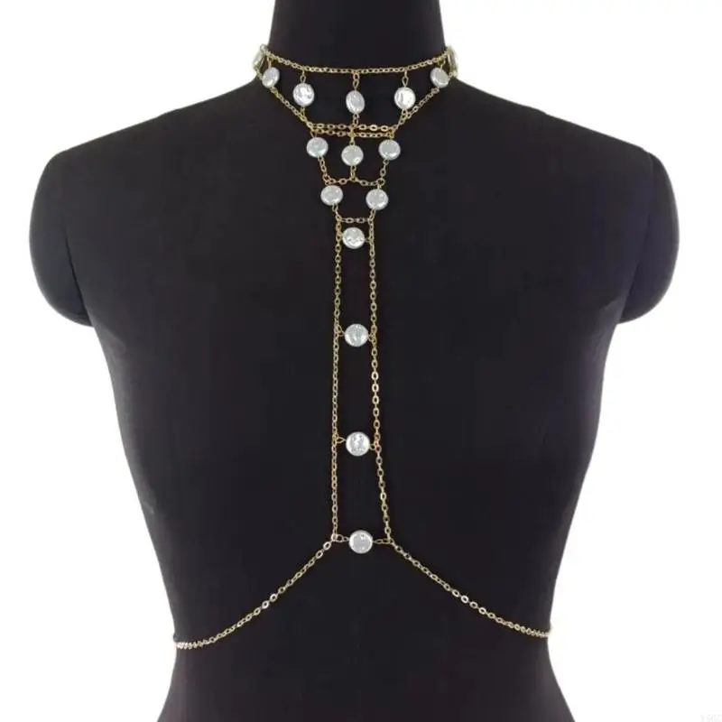 Y5GC Exquisite Body Chain Nacreous Neck Chain Necklace Elegant Coin Collar Jewelry for Wedding Photo Stage Show