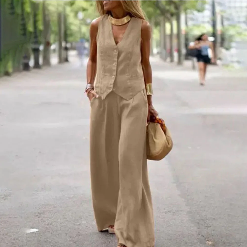 Casual Tank And Wide Leg Pant Sets 2 Piece Sets Women Outfit Summer Elegant Solid Cotton Linen Tops Trousers Suit Femme 5XL