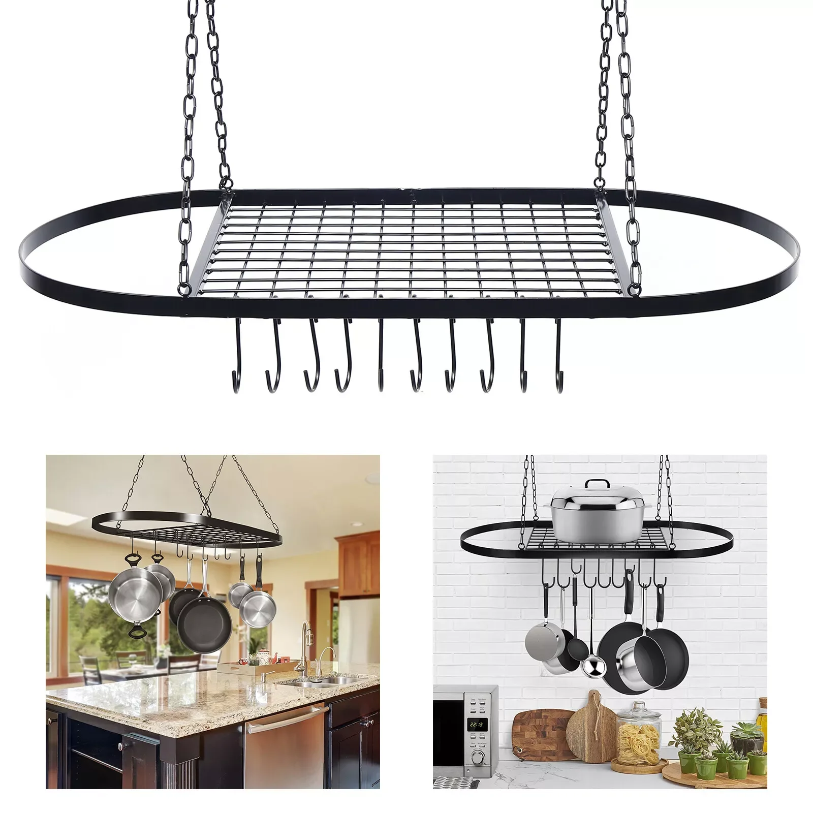 

Pot & Pan Rack Ceiling Mounted kitchenware Holder Hanging Storage Shelf w/10Hook