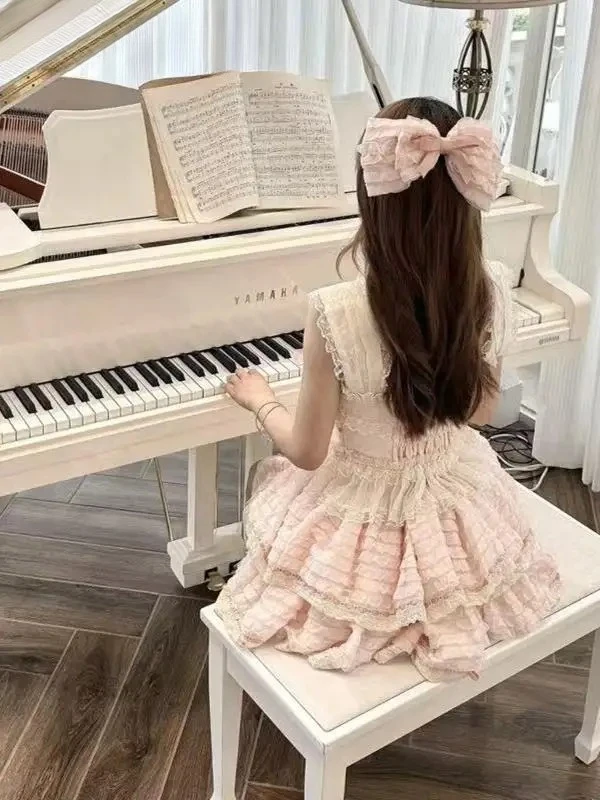 Cintura alta fino ajuste camada suspender vestido verão arco laço doce bonito meninas sem mangas festa de aniversário bolo vestidos curtos