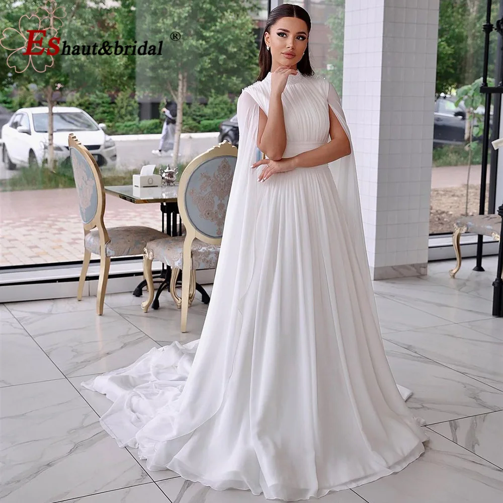 Elegant Muslim Evening Dress for Women 2024 High Neck Chiffon Crystal Cape Sleeves Formal Prom Wedding Party Gown Customized