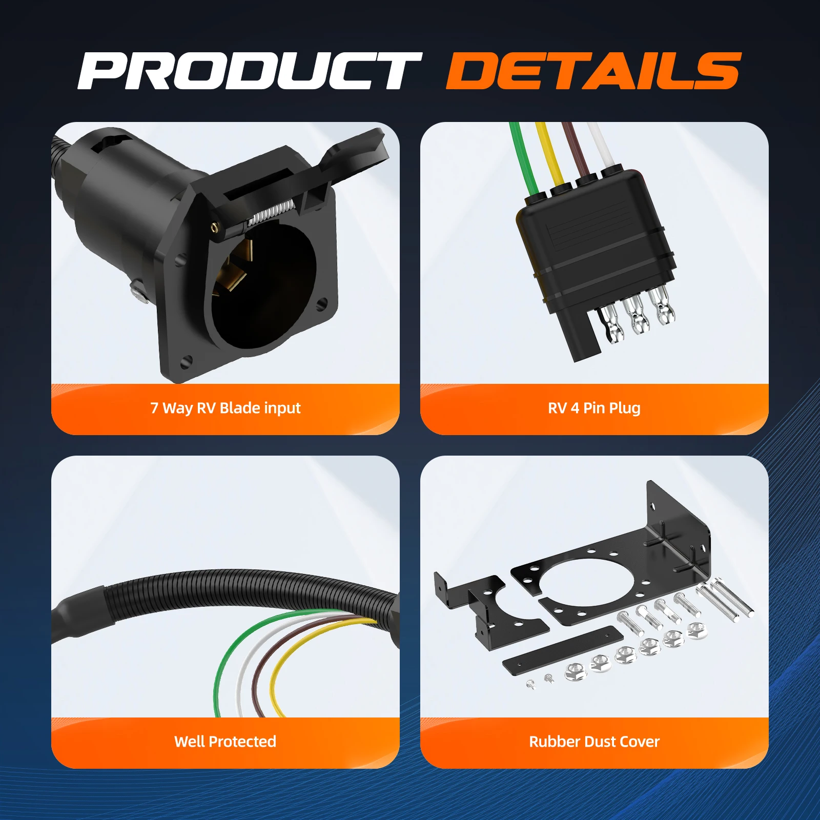 4 Way to 7 Way RV Blade & 4 Way Flat Trailer Wiring Adapter Dual Output Connector Kit with Mounting Bracket for Truck RV Trailer