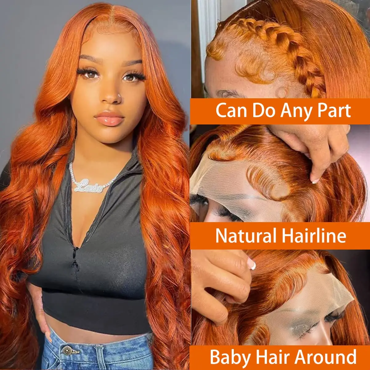 Body Wave Lace Front Wig pour femme, cheveux humains brésiliens, couleur transparente HD, 350 orange, 13x6, 13x5, 30 po, 40 po