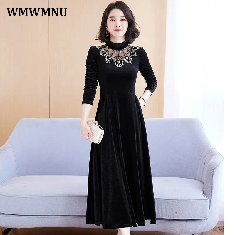 Vintage Lace Appliques Hollow Black Velvet Dress Women Korean Half Turtleneck Long Sleeve Dresses Elegant Midi Vestidos Mujer