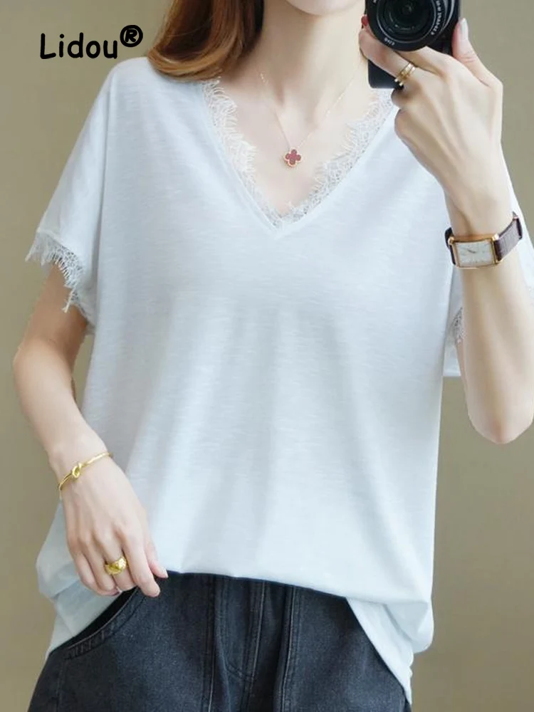 Elegance Fashion Solid Color Lace Patchwork Loose T-shirt Womne Summer New Classic Short Sleeve Sexy V-neck Personality Top