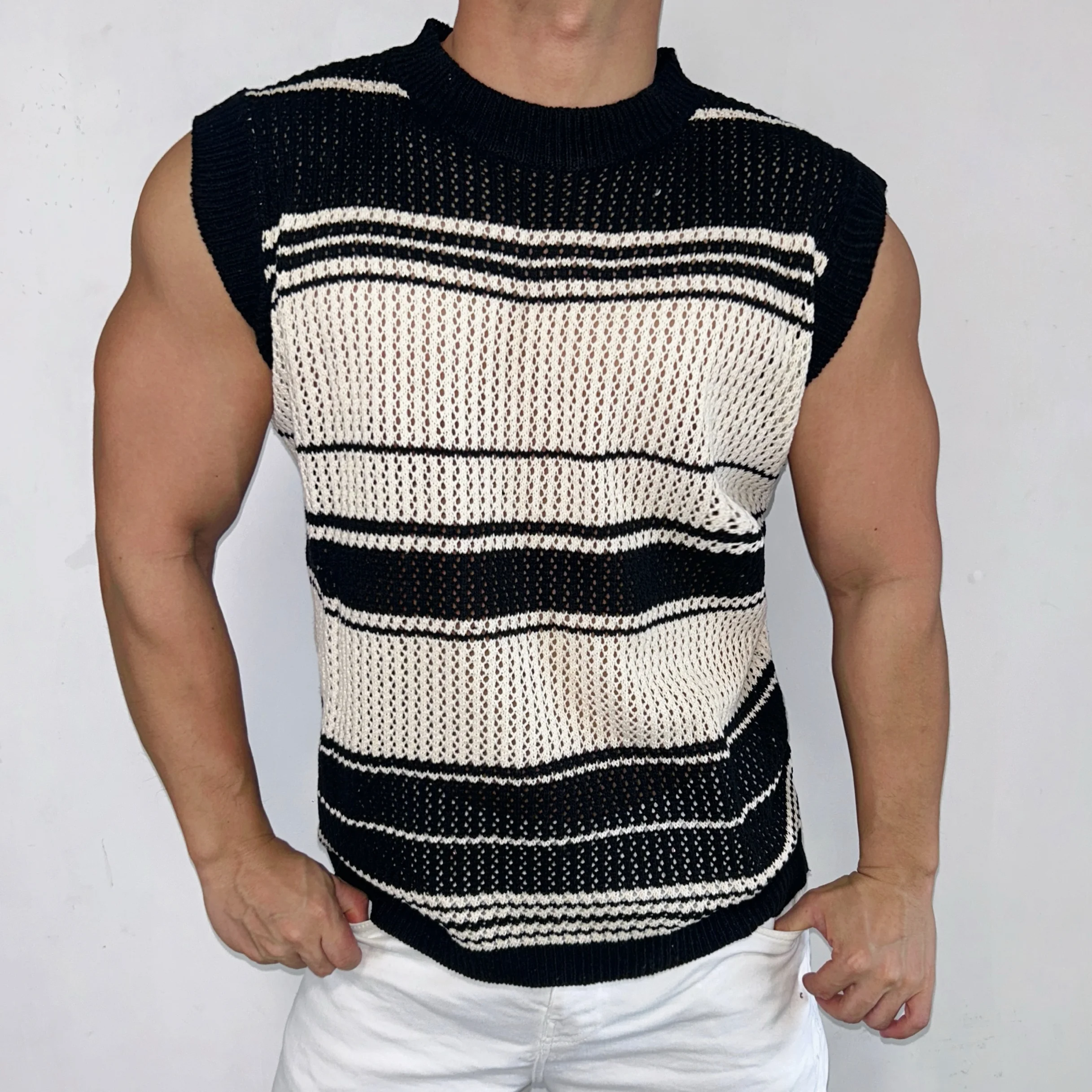 3-Colorful American Striped Loose Vest Knit Sweater For Men's Summer Sleeveless Hollow Round Neck Casual Vest Trend