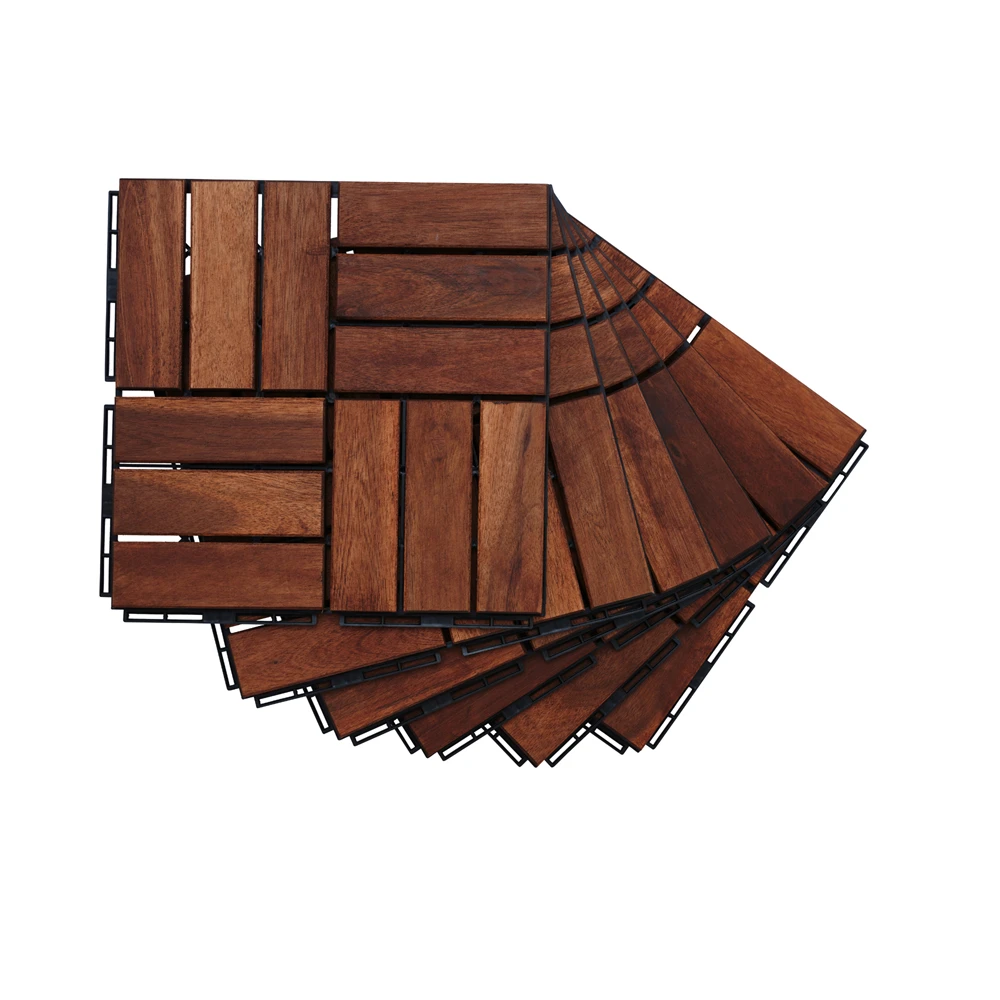 Acacia Wood Interlocking Deck Tiles Checker Pattern, 10PCS 12