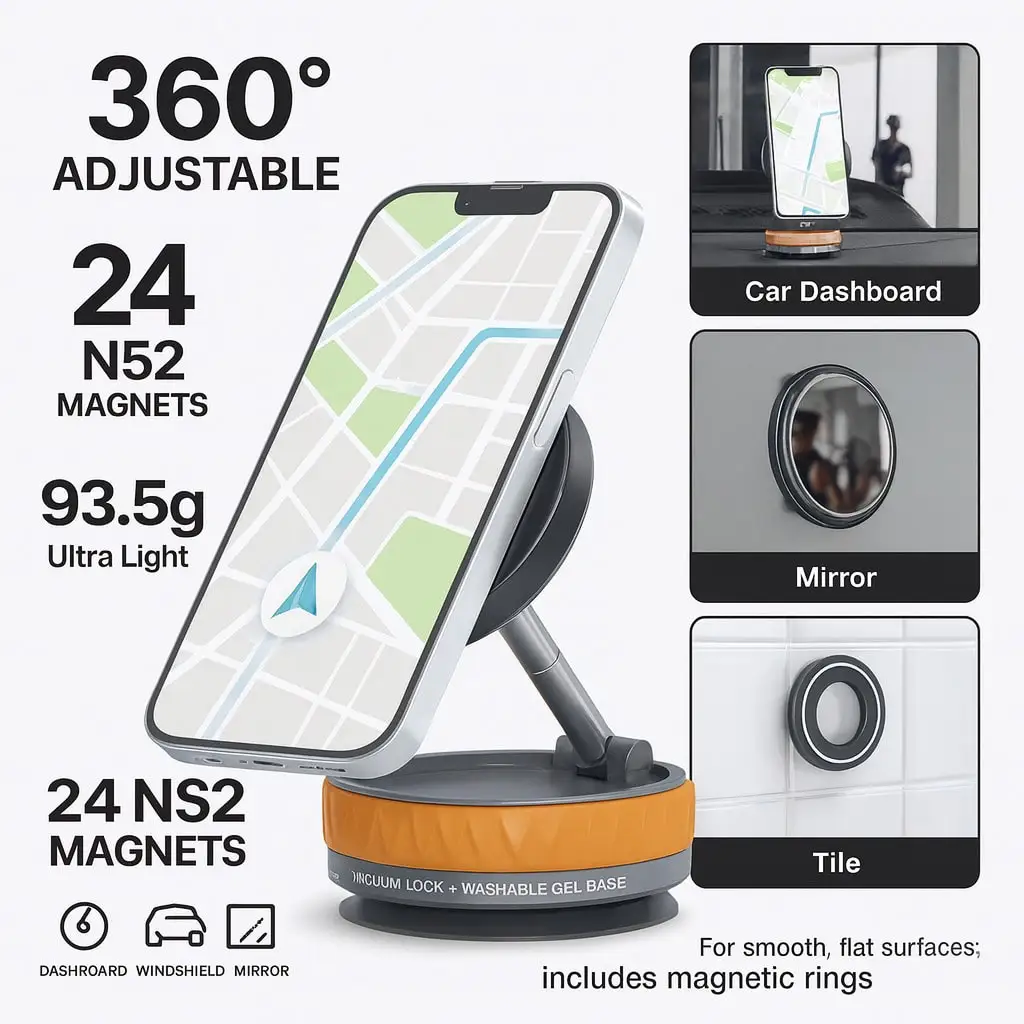 

2025 Magnetic Suction Phone Mount – Retractable & Foldable Vacuum Lock Holder With Strong Gel Base, 360° Swivel For Dashboard, Windshield, Mirror & Indoor Surfaces – Universal Hands-Free Stand For Smartphones
