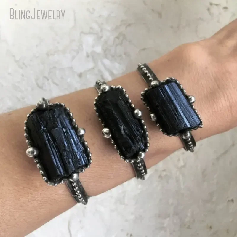 Gothic Halloween Esoterism Bangle Black Tourmaline Crystal Cuff Bracelet Schorl Goth Witch Boho Protection Steampunk Jewelry