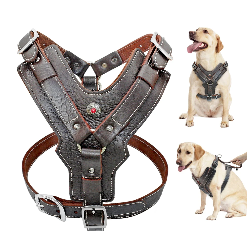 

Durable Dog Harness Large Dogs Genuine Leather Harnesses Pet Training Vest With Quick Control Handle For Labrador Pitbull