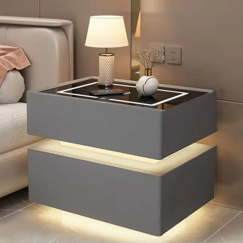

Deluxe Smart Bedside Table in the Bedroom, Made of Wood, Black and White With LED Lights and Fingerprint Lock Speaker
