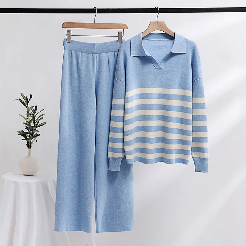 EWQ Casual Knitted Sweater 2 Piece Set Women Loose Simplicity Lapel Collar Striped Top High Wasit Pant 2024 Autumn New 27X567