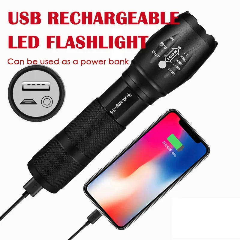 UltraBright  LED Flashlight Built-in battery Rechargeable Long-range Zoomable 3mode Torch lantern can be used as a powerbank