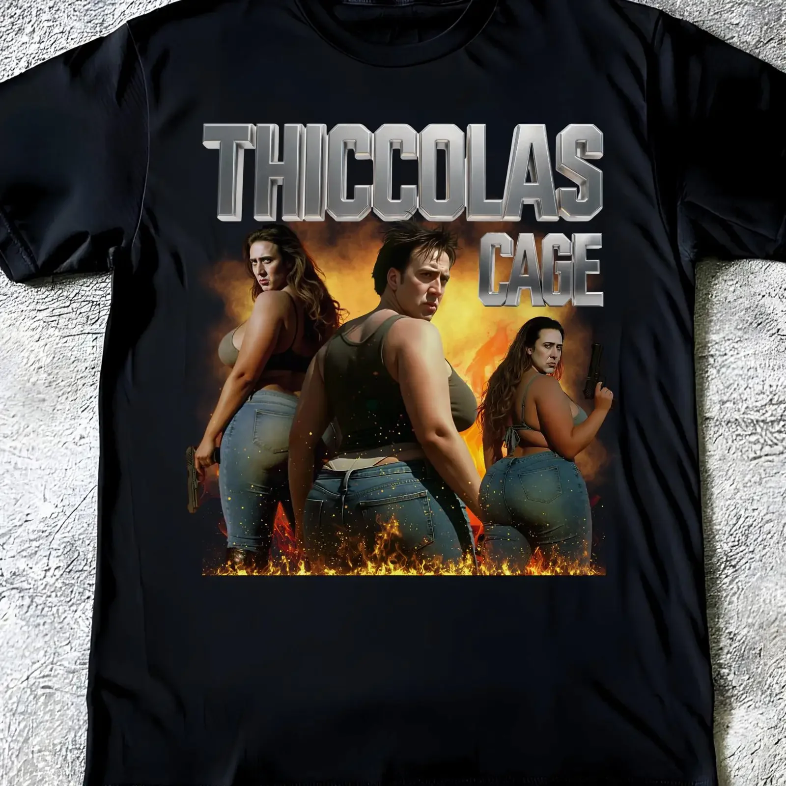 Thiccolas Cage Funny Meme T Shirt Unhinged Nicolas Parody for Movie Lovers Humorous Gag Cringe  vintage Washed Unisex homme