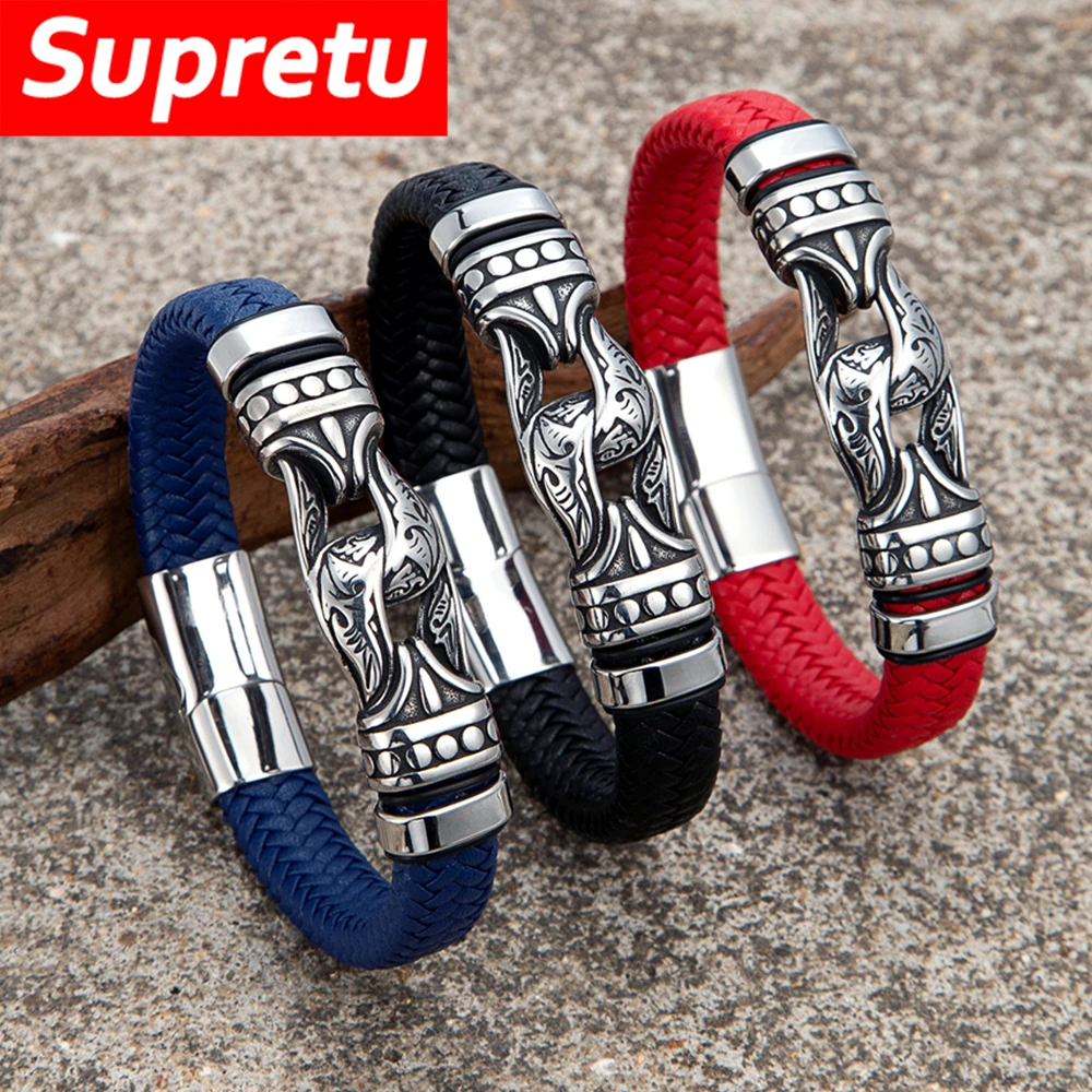 Pulsera de cuero genuino vikingo infinito para hombre, brazalete de motorista con dije Vintage Punk de acero inoxidable, joyería trenzada hecha a mano, regalos