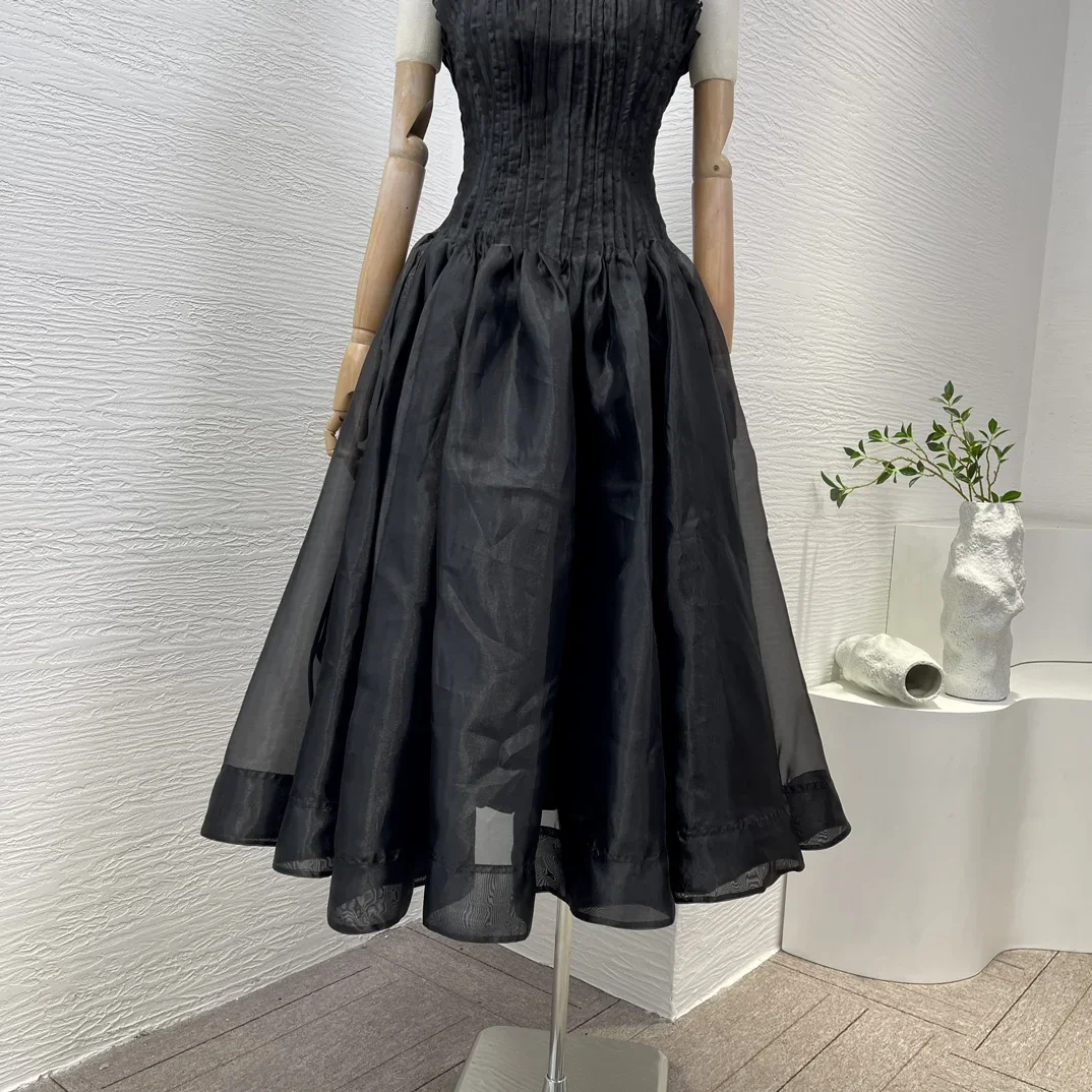 2024 Latest Collection Black Strapless Ruched Pleat Sleeveless High Quality A-line Women Midi Dress