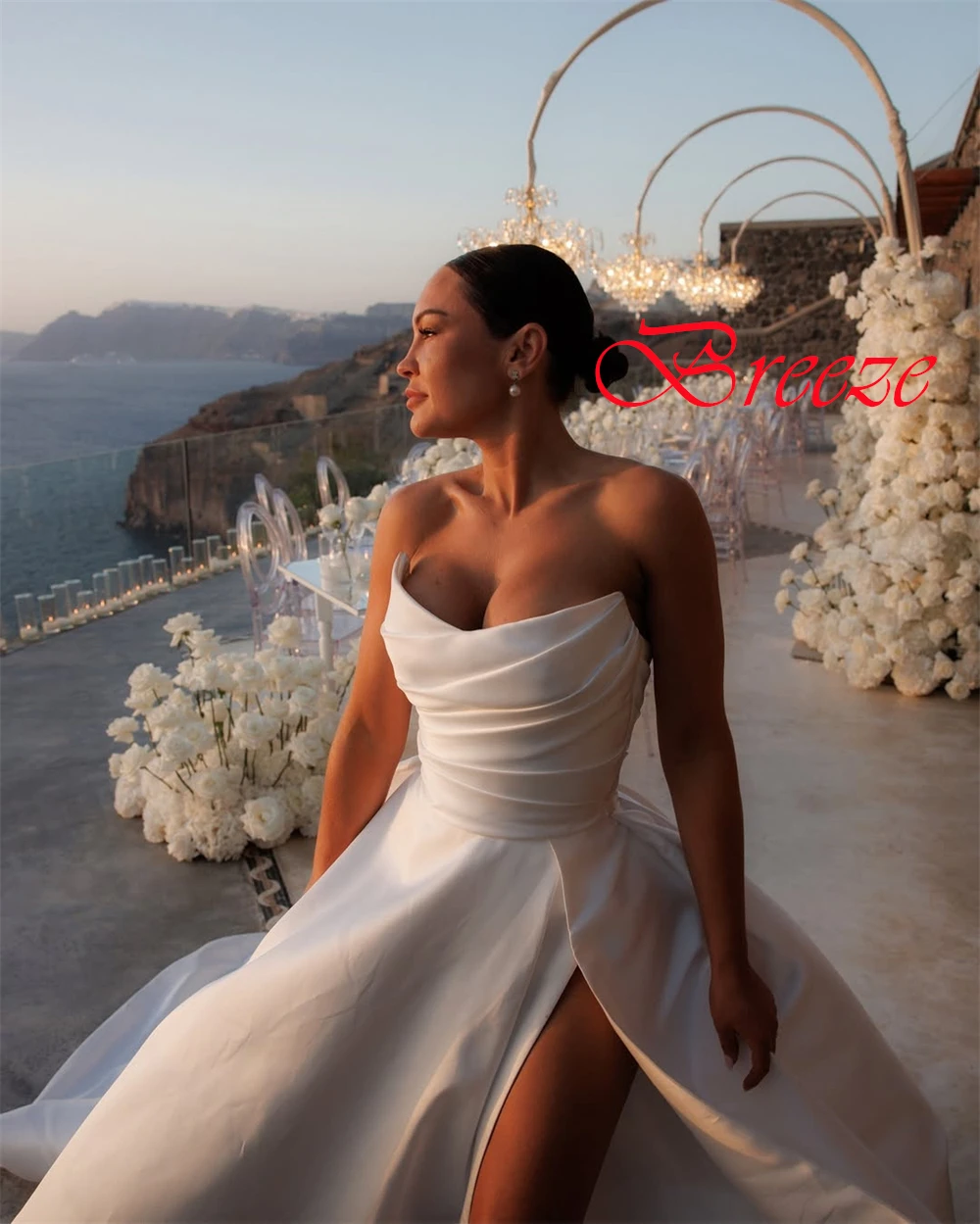 تخصيص جودة عالية فستان الزفاف الساتان الأبيض رائعة حمالة أكمام أثواب الزفاف قطار مصلى فستان عارية الذراعين