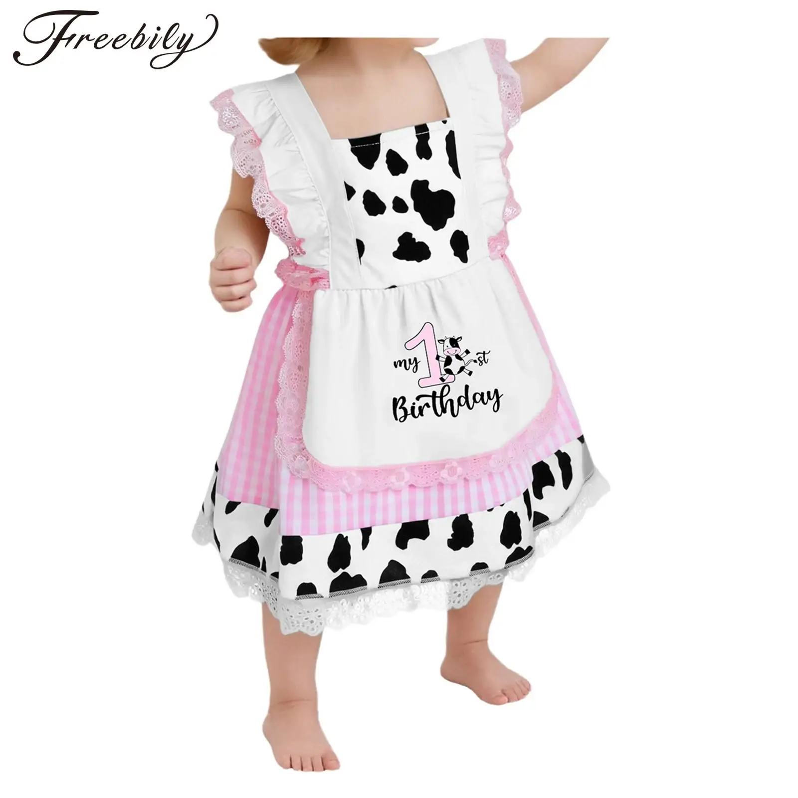 

Baby Girls 1st Birthday Party Outfits Spaghetti Strap Cute Cow Print Lace Plaid Tutu Dress Infant Cake Smash Photography Clothes