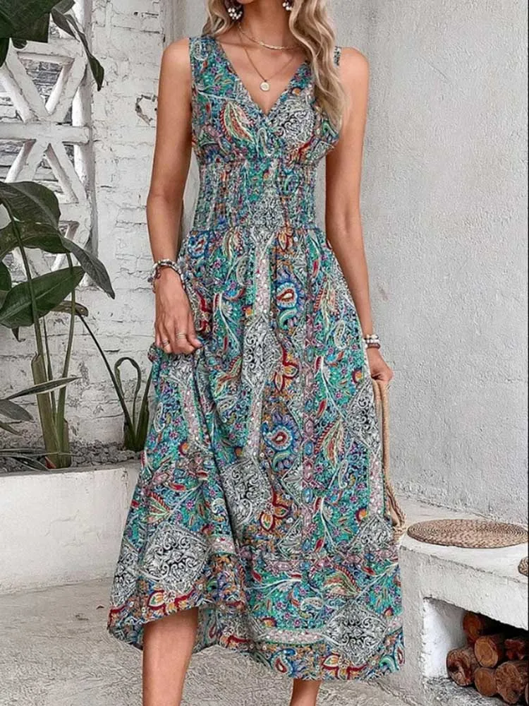 Moda senza maniche Maxi abito Boho donna 2024 estate stampa elastico in vita bohémien elegante canotta abiti lunghi per le donne Robe Femme