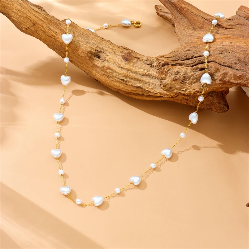 DIEYURO 316L Stainless Steel White Irregular Heart Pearls Necklace Bracelet Women New Trend Golden Love Non-fading Jewelry Set