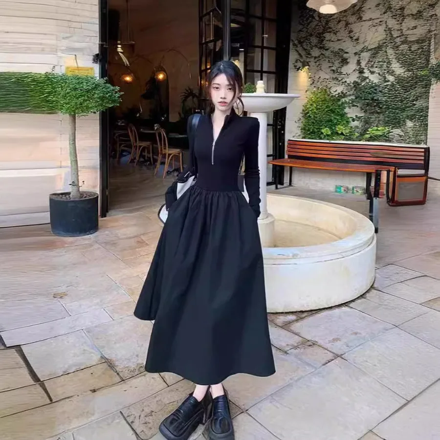 

【New style】French gentle style waist all-match dress spring and autumn temperament zipper base dress large swing skirt high wai