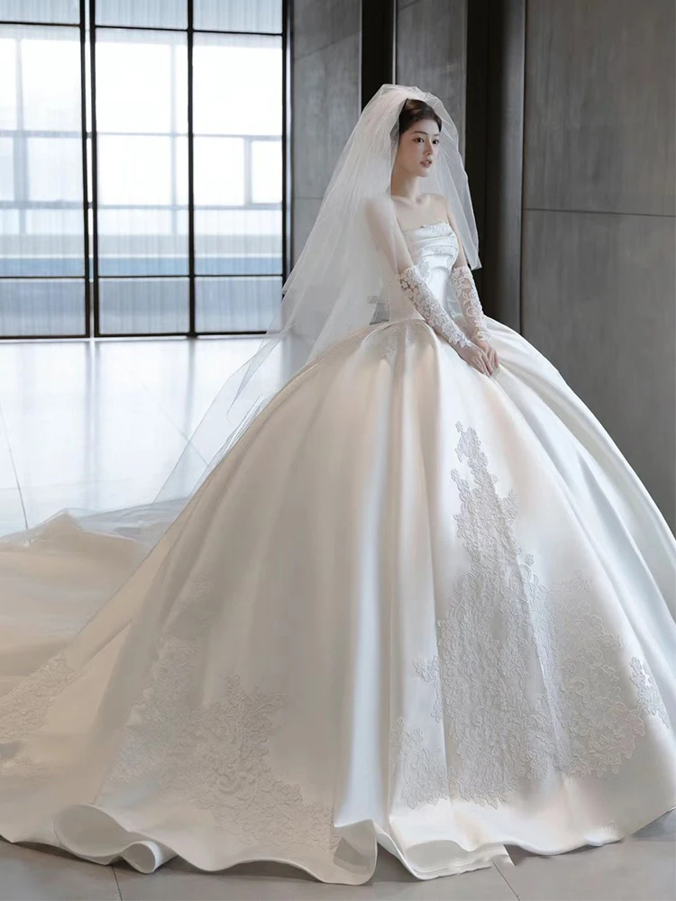 

Bridesmaid Satin Gown Korean Sle Wedding Dr with Train Lightweight Bridal Gown for Pregnant Women Outing Middle Waist