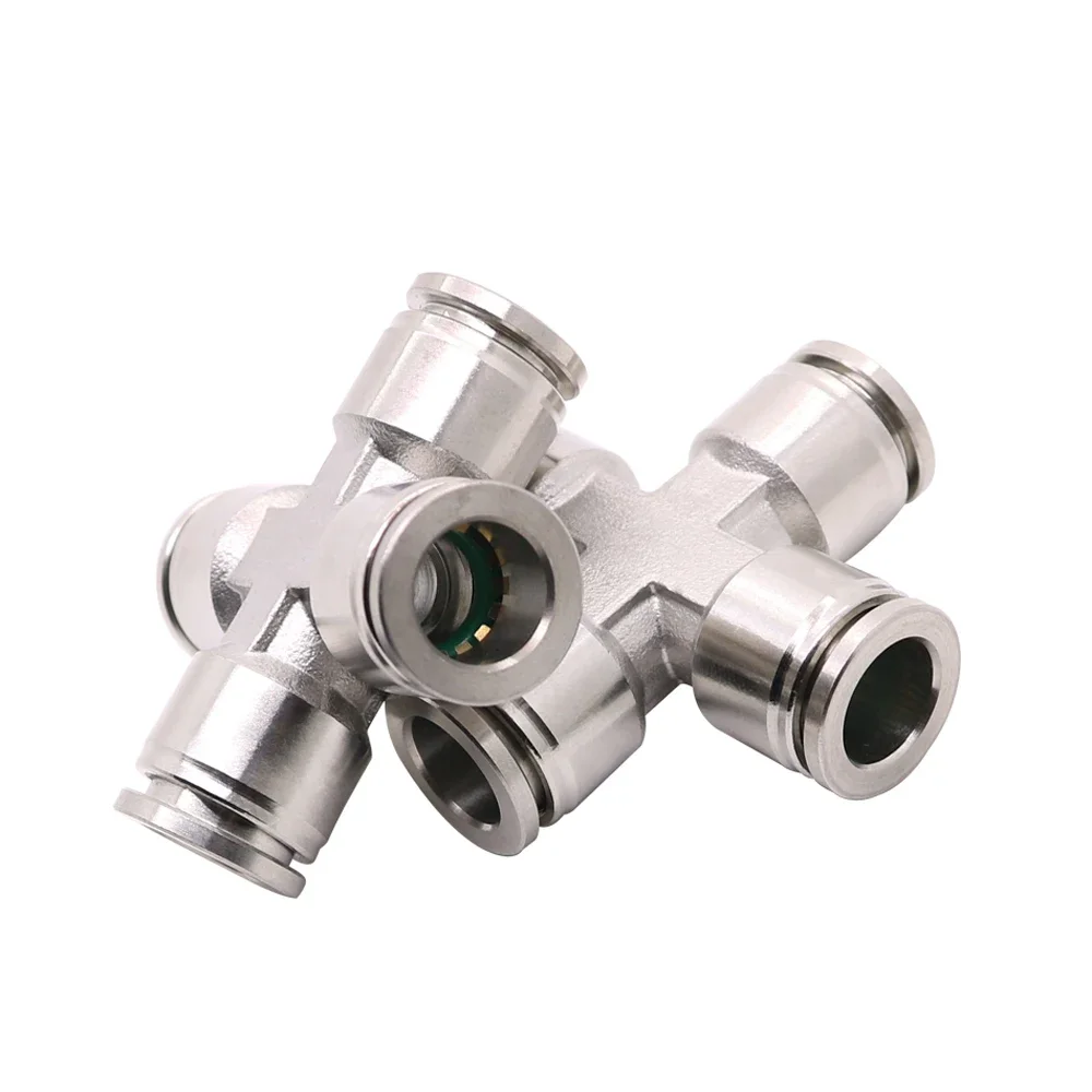 Pneumatic PZA Connector 4-8 mm OD Air Hose 304 Stainless Steel Push In Quick Connector Air Fitting Plumbing Cross 4 Ways Pipe