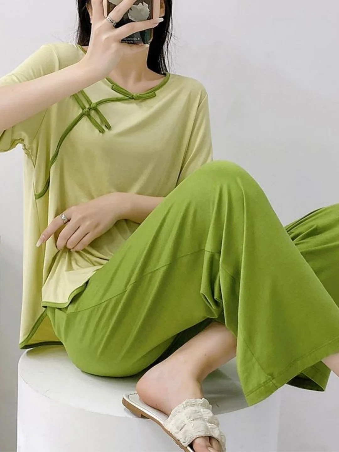 

New Chinese Style Thin Summer Sleepwear Set Casual Short Sleeve Long Pants plus Size Home Clothes for Plump Women