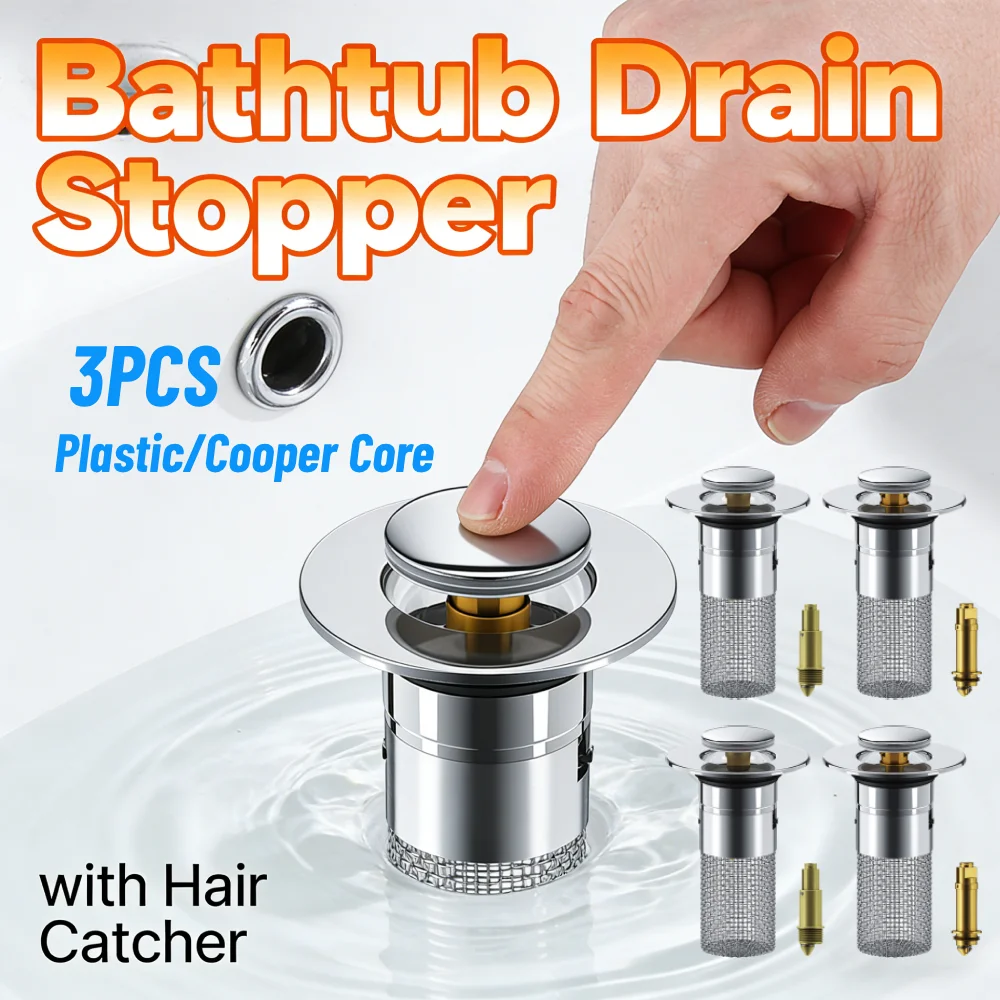

3pcs Plastic/Cooper Core Bathroom Sink Stopper with Hair Catcher Universal Drain Filter Pop-up Bounce Core Popup Sink Stopper