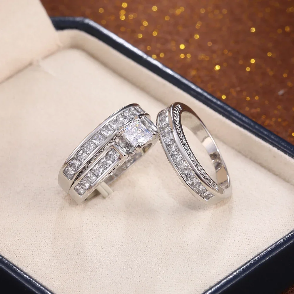 2024 3Pcs/Set Silver Color Wedding Ring for Women Elegant Couple Gifts Shining CZ Stone Charm True Love Jewelry Set Size 5-12