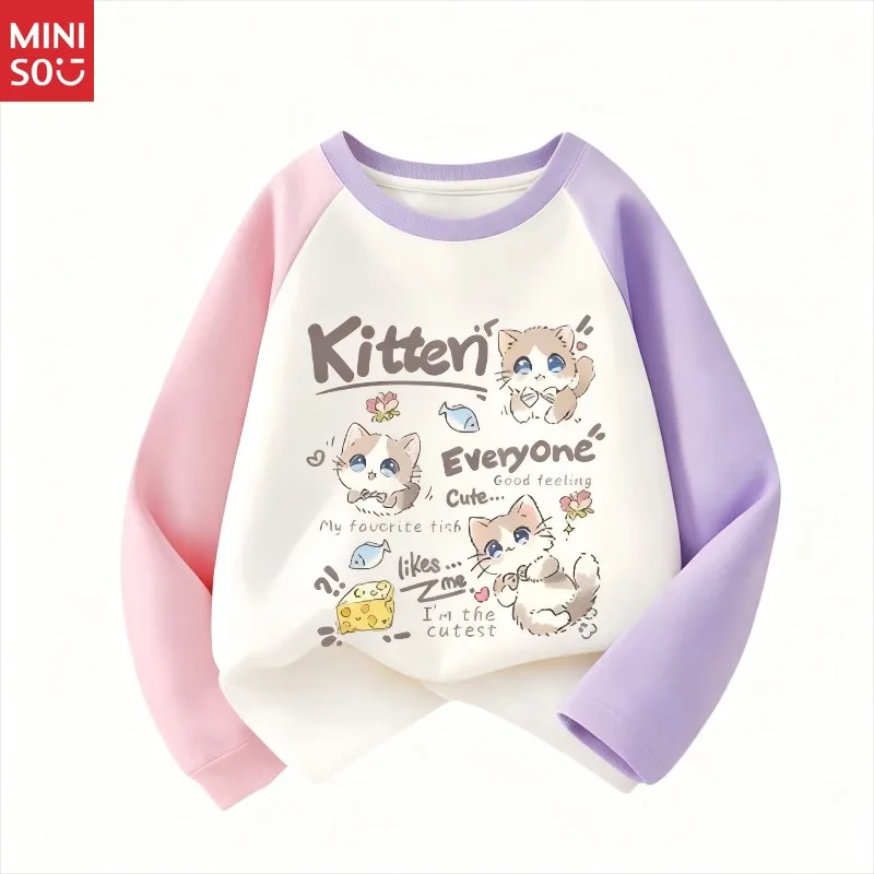 

Miniso 2025 New Autumn Cute Cat Girls Comfortable Cotton Breathable Long Sleeve Round Neck Patchwork Tee