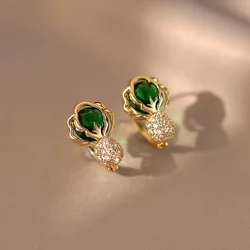 Versatile Red Green Stone Cabbage Hoop Earrings For Women Gold Color Round Zircon Small Ear Buckle Wedding Party Birthday Gifts