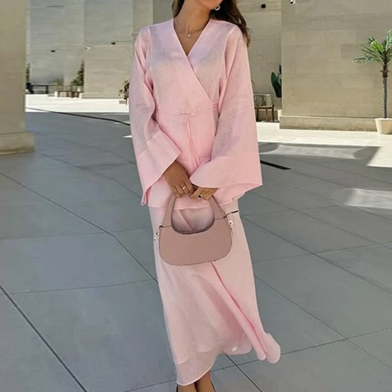 แฟชั่นสบายๆสีทึบ 2 ชิ้นชุด Elegant V คอ Lace Up Cardigans และกระโปรงครึ่งชุดฤดูร้อนหลวมผู้หญิงชุด