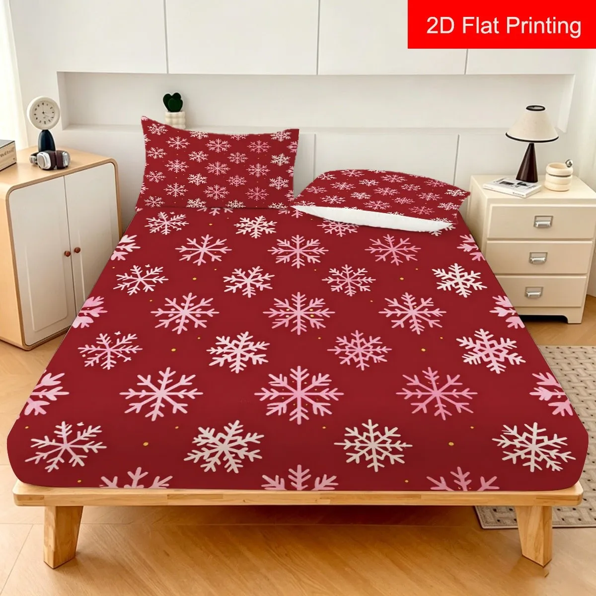 Christmas-Themed Holiday Snowflake 2D Digital Print Three-Piece Bedding Set, Available in Various Sizes, Suitable as a Gift. Three-Piece Bedding Set (Includes 1 Fitted Sheet + 2 Pillowcases), Large Capacity Deep Bedding Set, Fitted Sheet Style, Elastic Cover, Mattress Protector, Fitted Sheet Type, Machine Washable Design, Holiday Decoration, Various Sizes, Breathable Protector with Pillowcase
