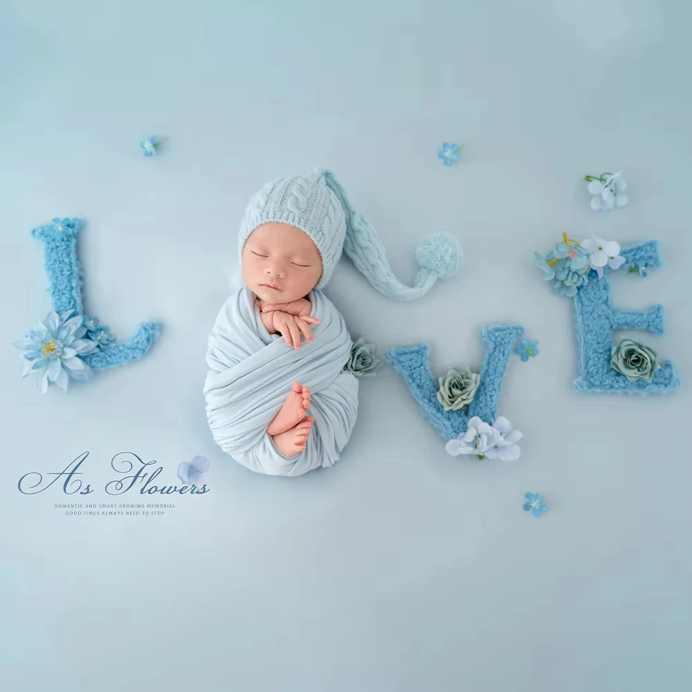 Dreamy Blue Newborn Photography Prop Set - Elastic Stretchable Baby Wrap, Knitted Hat, Artificial Flowers, Heart Logo, Studio Props