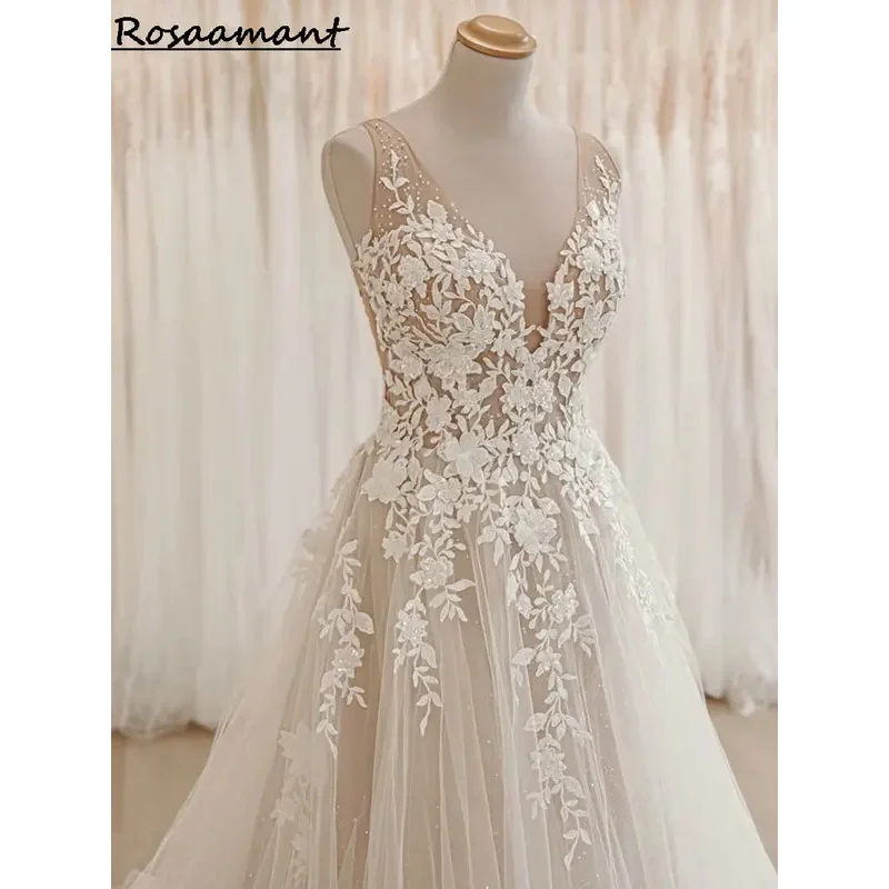Gaun Pengantin A-line Tanpa Tidur Kerah V Ilusi Mewah Gaun Pengantin Renda Applique Bunga Punggung Terbuka Gaun Pengantin Wanita