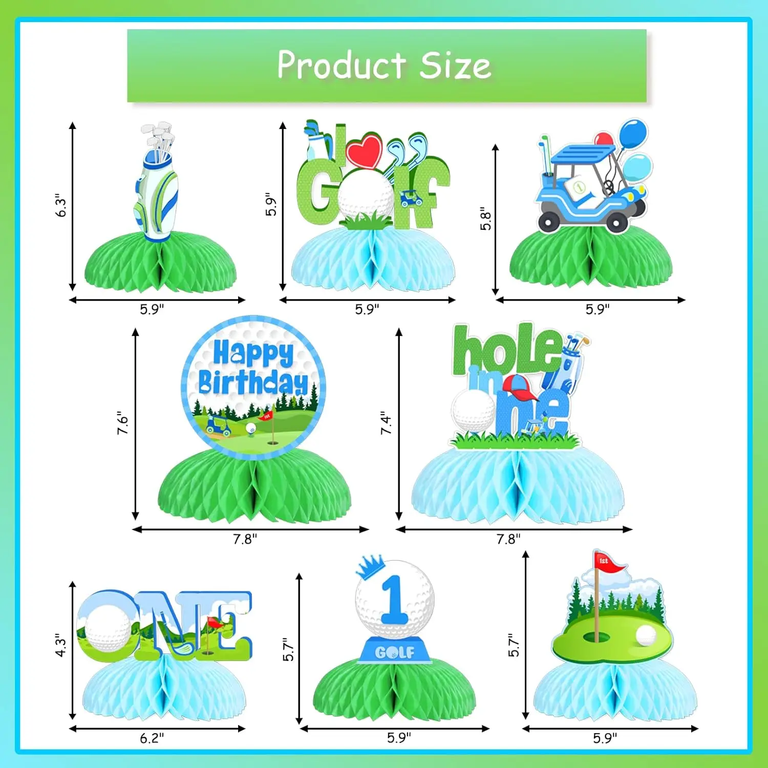 8Pack Golf Honeycomb Centerpieces Hole in One First Birthday Party Supplies for 1 Year Old Sports Table Sign