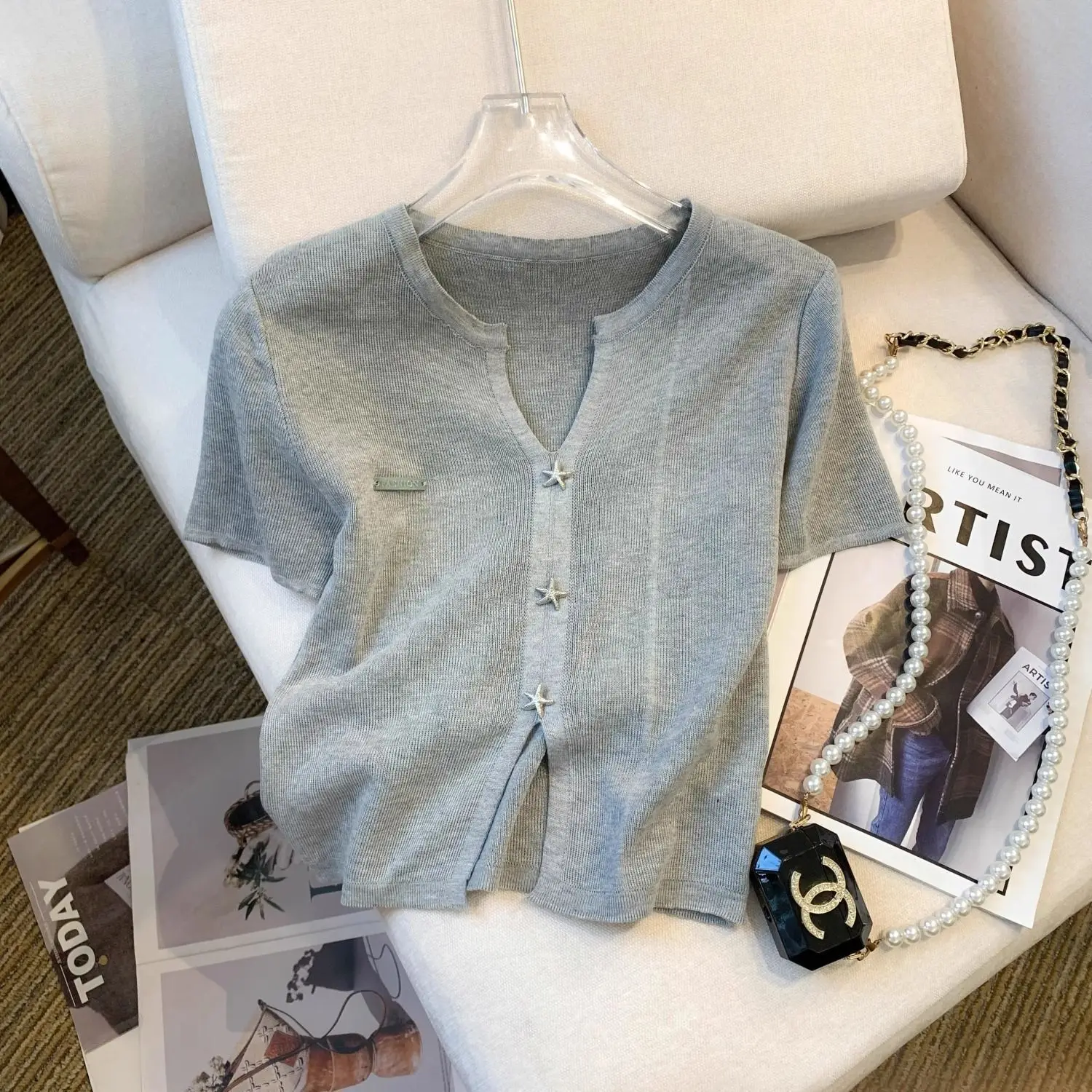 Summer Ice Silk Knitted Sweater Women Short Sleeve White T-shirt Button Thin Tops Design Loose Casual Coat Short Tees Black Grey