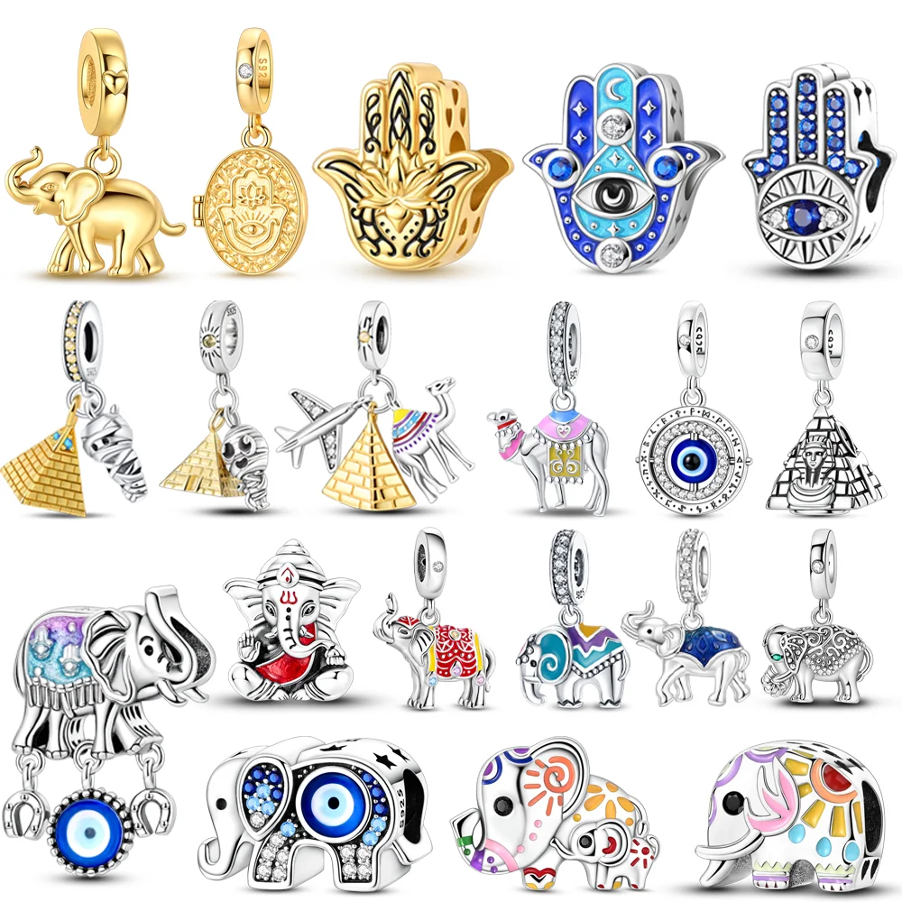 Silver 925 Gold Pyramid Mummy Double Charm Elephant Beads Fit Original Bracelet DIY Fine Jewelry Accessories for Women Gifts