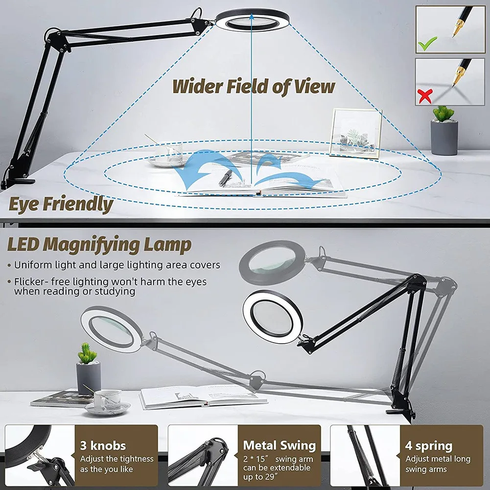 Lupe mit Licht und Halterung, 3 Farbmodi stufenlos dimmbare LED-Schreibtisch lampe, zum Lesen und Reparieren