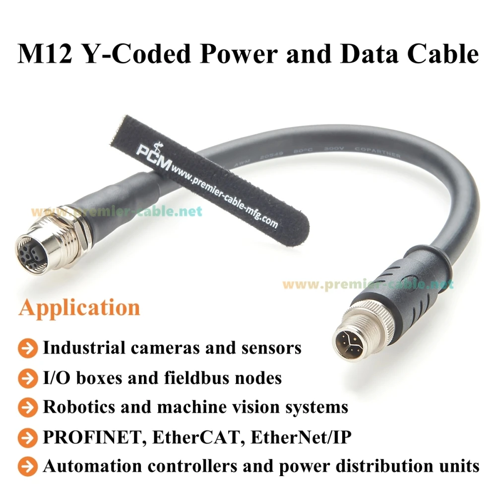 パネルマウントM12 Yコード延長ケーブル オス-メス IP67 CAT5e Micro-C イーサネット＆電源ケーブル カメラ、マシンビジョン用